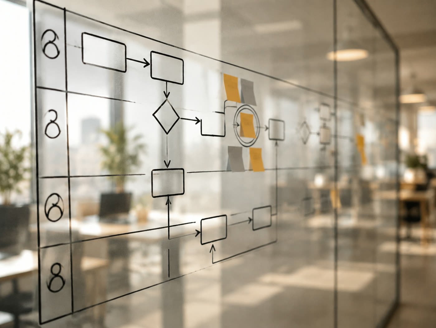 A workflow mapped across swimlanes on a glass office partition, with sticky notes marking the contested step